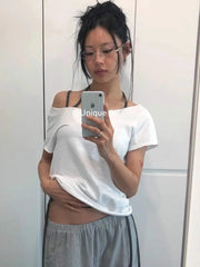Aiertu  -  Korean Simple Ribbon Halter Vest + Wing Print Short Sleeved T-shirt Fashion Spicy Girl Slim Fit Streetwear 2 Pcs Set Women Suits Aiertu