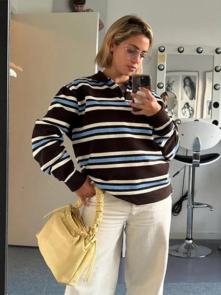 Aiertu  -  Vintage Stripe Basic Women's T-shirt Casual Long Sleeve Female All Match Polo Shirt Spring New Ladies Loose Tops High Street Aiertu