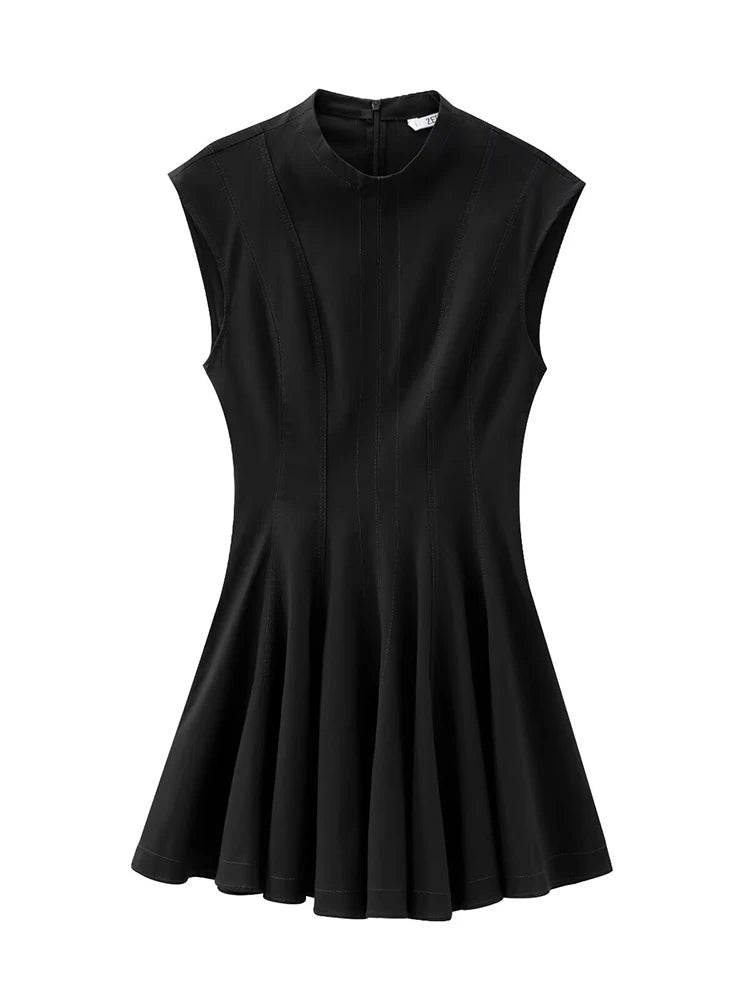 Aiertu  -  Women Fashion Solid Pleated A-Line Back Zipper Mini Dress Vintage O-Neck Sleeveless Female Chic Lady Dresses Aiertu