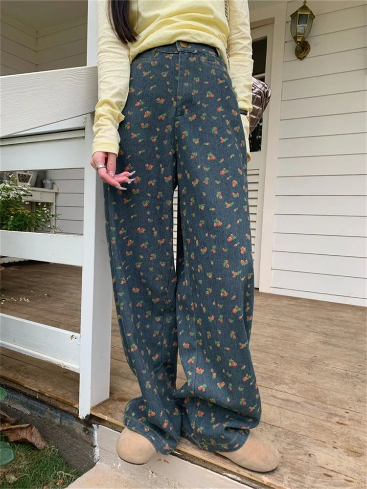 Aiertu  -  Women's Retro Floral Pattern High Waisted Wide Leg Jeans Summer Cool Girl Bottoms Thin Pants Female Printed Baggy Denim Trousers Aiertu
