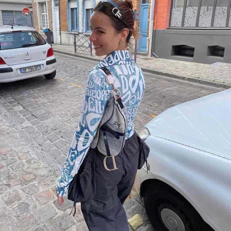 Aiertu  -  Letter Print Long Sleeve T Shirts Blue Sexy Women V Neck Black Autumn Summer Casual Crop Tops Fashion Aiertu
