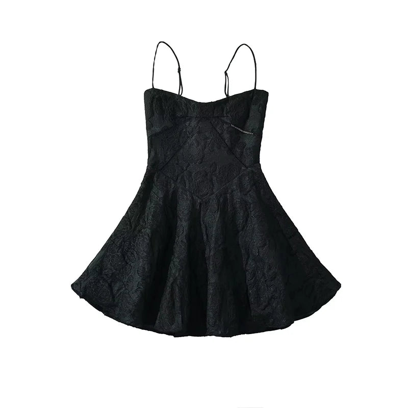 Aiertu  -  Vintage Jacquard Sling Sexy Dress For Women Thin Straps O Neck Low Waist A-line Mini Dresses Female Lace Up Back Summer Robe Aiertu