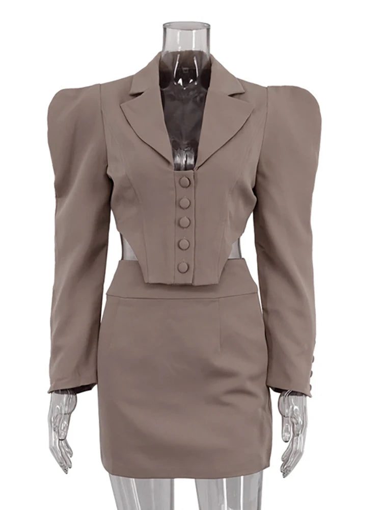 Aiertu  -  layered look inspo Turn-down Collar Two piece Sets Women Skirt Suit Khaki Long Sleeve Blazer Mini Skirt Female Slim Casual Skirt Sets Aiertu