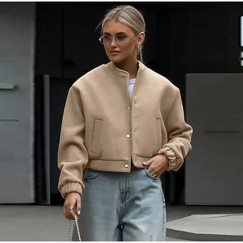 Aiertu  -  Casual Short Bomber Coats Women Loose O-neck Long Sleeve Single Breasted Jacket 2026 Autumn New Lady Vintage Solid Tops Outwear Aiertu
