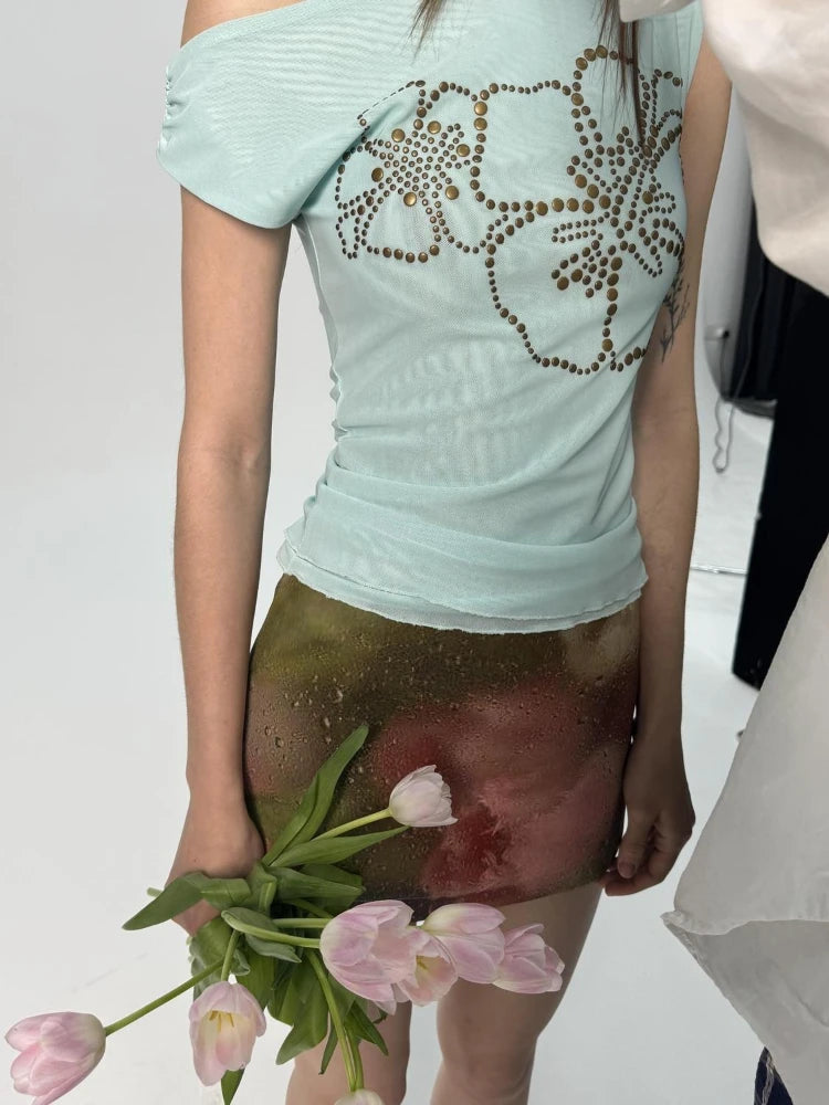 Aiertu  -  Summer Sexy Slash Neck Pleated Gauze Tshirts Women Y2k Aesthetic Rivet Flower Grunge Tops Harajuku Vintage Fairy Bodycon Tees Aiertu