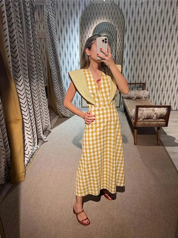 Aiertu  -  Ladies V Neck Plaid Print Maxi Summer Dress Women Fly Sleeve High Waist Big Hem Slim Long Dresses Holiday Vestidos Robe Female Aiertu
