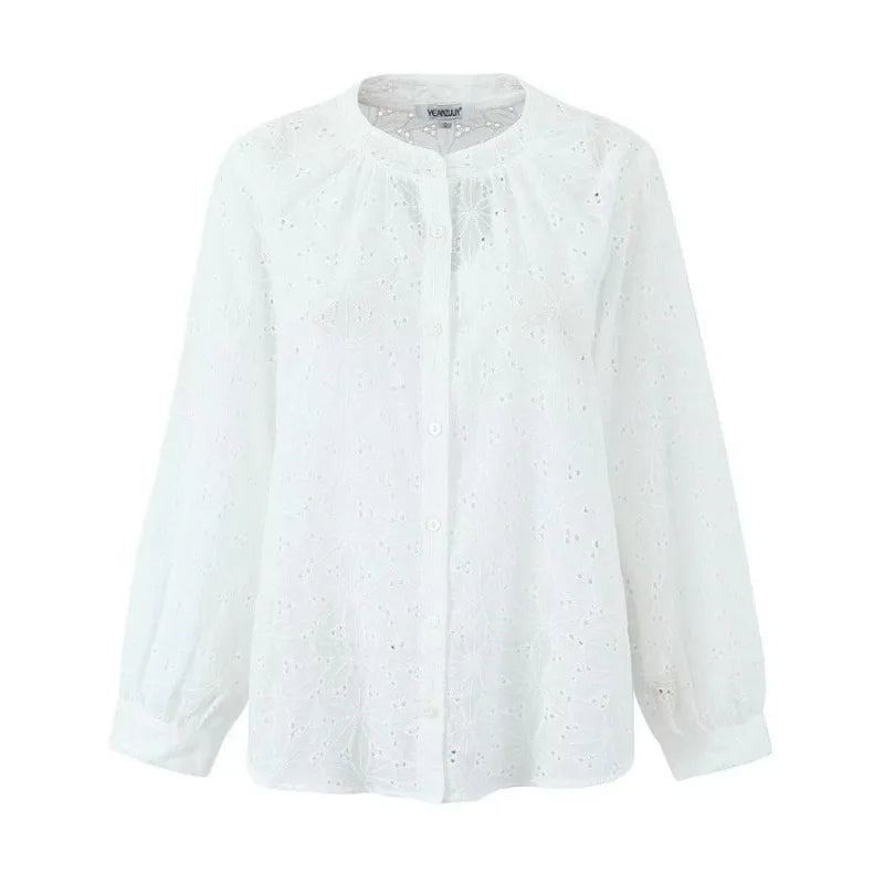 Aiertu  -  White Eyelet Cotton Dress Women Long Sleeve Buttons down Elastic Waist Ruffled Summer Dress Chic Girl Mini Dress Holiday Dresses Aiertu