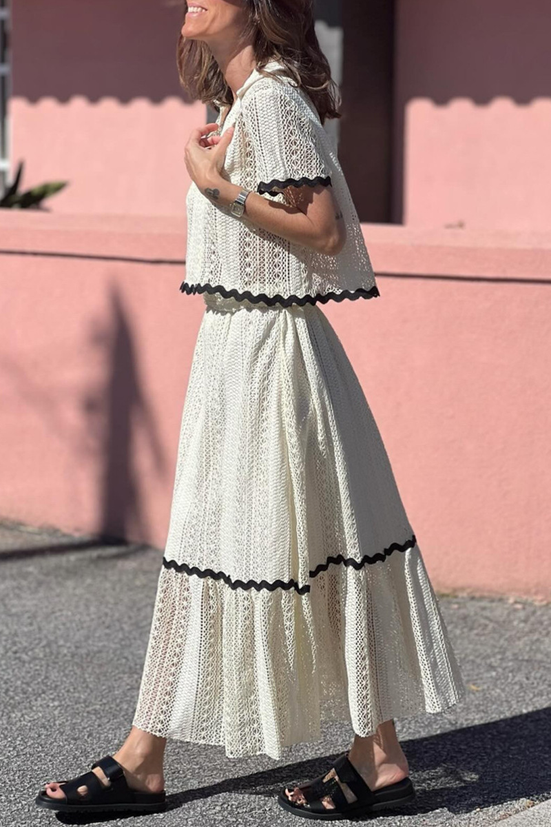 Aiertu  -  Daily Elegant Solid Color Hollow Out Patchwork Contrast Turndown Collar Short Sleeve Two Pieces(3 Colors) Aiertu