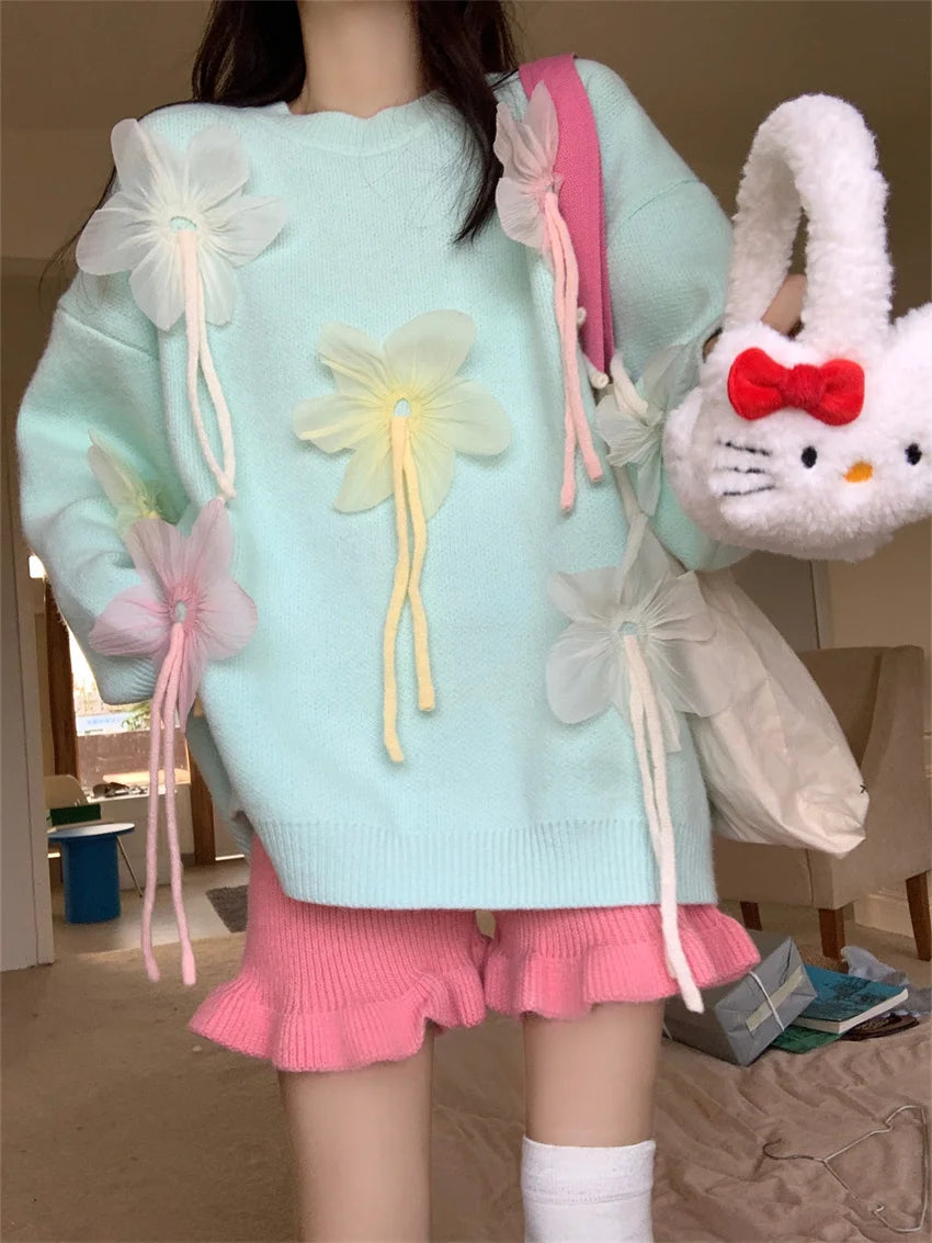 Aiertu  -  Korea Sweet Daily Sweaters Women Chic Loose Knitted 2026 Spring Pullovers Office Lady High Street Florals Gentle Casual Aiertu
