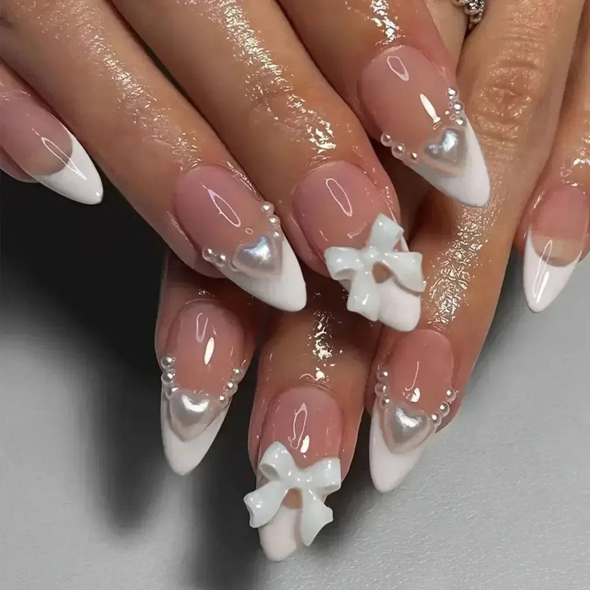 Aiertu 24Pcs Pink Almond French Press on Nails With 3D Bow ripple charms Design Fake Nails Ballerina False Nails Full Cover Nail Tips Aiertu
