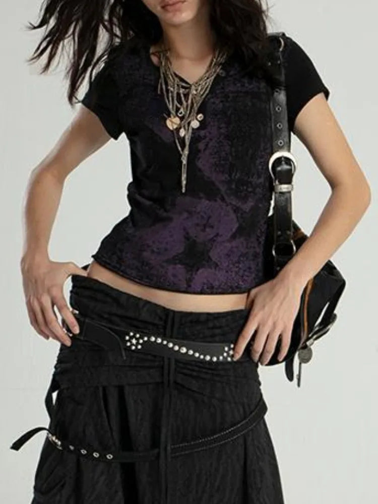 Aiertu  -  Y2k Aesthetic Summer T-shirts Harajuku Sexy Star Print Vintage Slim Fit Button Crop Tops Women Streetwear Grunge Casual Tees Aiertu