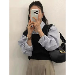 Aiertu Elegant Striped Shirts Women Vintage Long Sleeve Pocket Blouses Spring Ladies Korean Single Breasted Design Casual Tops Aiertu