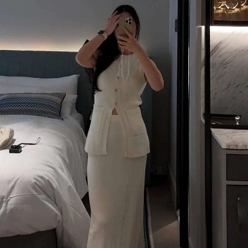 Aiertu  -  Summer Fashion Knitted Skirt Suit Sleeveless Vest Pocket Slit High Waist Long Skirt Elegant White Ribbed Knitwear Outfits Aiertu