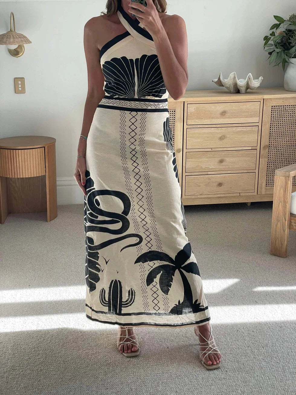 Aiertu  -  Beach Floral Print Backless Vintage Summer Dress Women Halter Bandage Split Elegant Dress 2026 Bohe Holiday Party Dress Female Aiertu