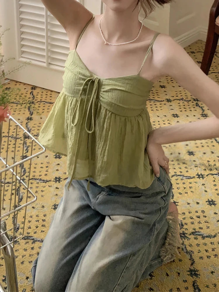 Aiertu  -  Women's Bow Tie Chiffon Suspender Vest Summer New Korean Version Sweet Loose Fitting Women Fashionable Off Shoulder Short Top Aiertu