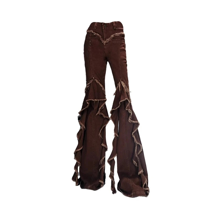 Aiertu  -  Western Punk Studded Women Flare Jeans Retro Brown Raw Edge Ruffle HemHigh Riuse Bootcut Pants Bell Bottoms Streetwear Aiertu