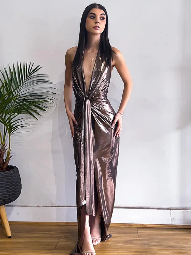 Aiertu  -  Woman Sexy Halter High Waist Backless Long Dress 2026 Ladies Elegant Hollow Out Folds Bandage High Slit Party Evening Dresses Aiertu