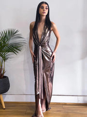 Aiertu  -  Woman Sexy Halter High Waist Backless Long Dress 2026 Ladies Elegant Hollow Out Folds Bandage High Slit Party Evening Dresses Aiertu