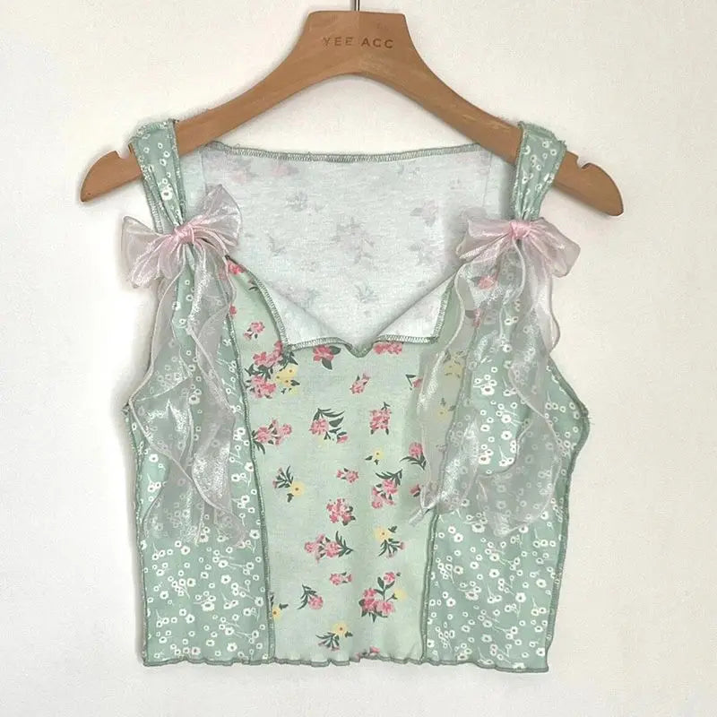 Aiertu  -  Bow Y2k Aesthetic Sweet Printing Women Crop Top Streetwear Grunge Slim Tanks Tops Vintage Patchwork Harajuku Camisoles Summer Aiertu