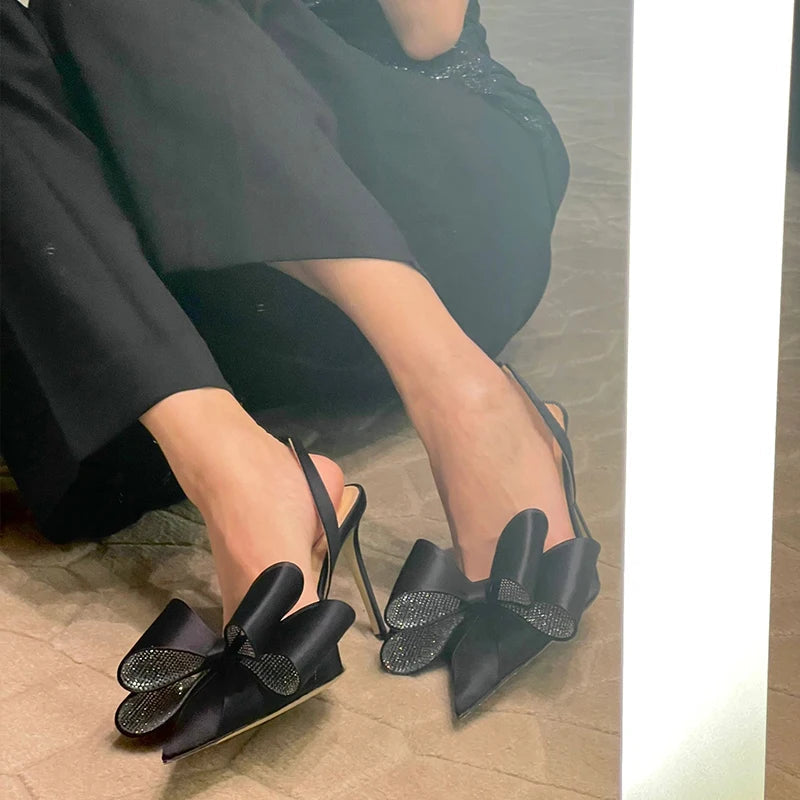 Aiertu  -  Bow Satin Stilettos New Women Point Toe Thin High Heel Slingbacks Elegant Sweet Pumps Sandals Shoes For Woman Aiertu