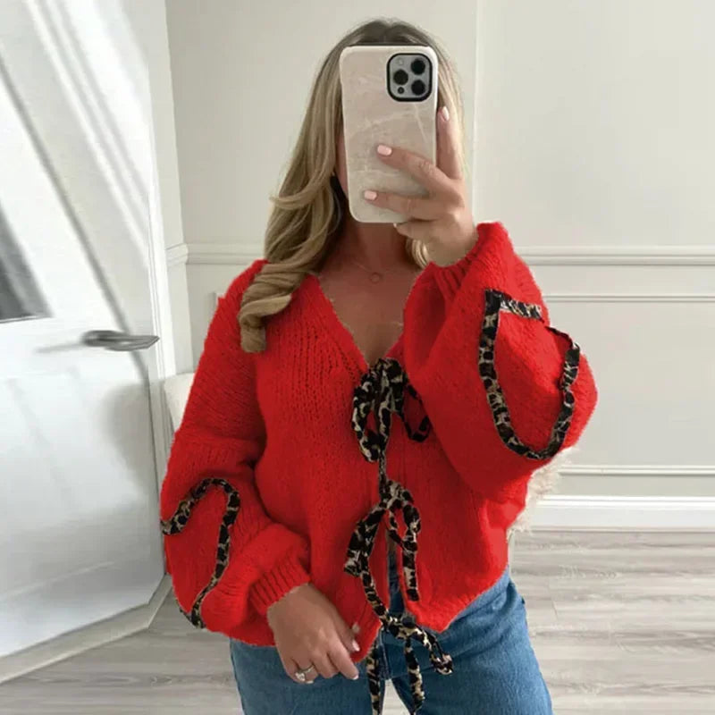 Aiertu     -  Fall Outfits 2026 Leopard Lace Up Cardigans Women Loose Long Lantern Sleeve V-neck Heart Print Patchwork Sweater 2026 Autumn Solid Female Knitwear Aiertu