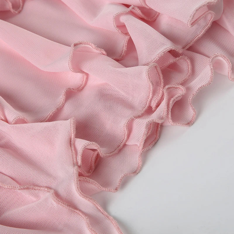 Aiertu  -  Vacation Tiered Layer Ruffles Mesh Mini Skirt Fairycore Irregular Ribbon Skirt Beach Young Hot Girl's Pink Skirt Summer Aiertu