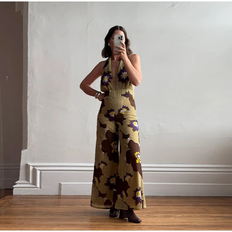 Aiertu  -  Printed Sequins Backless Halter Jumpsuits Women High Waist Deep V-neck Wide Leg Straight Jumpsuit Commute Holdiay Lady Romper Aiertu
