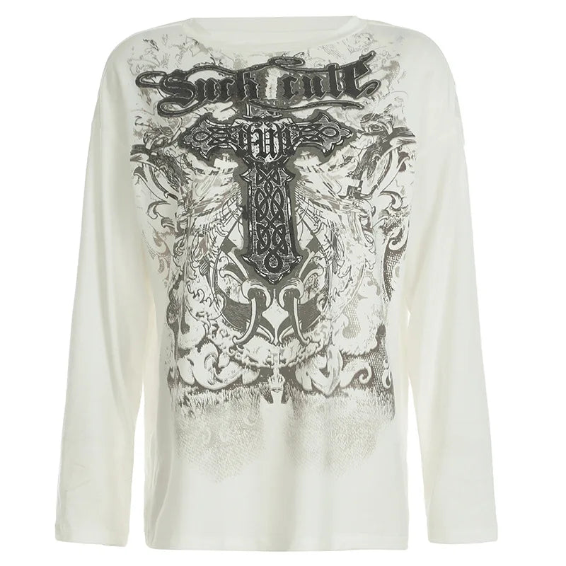 Aiertu  -  Subculture Spice Girls Women's Retro Printing Contrast Color Long Sleeve T-Shirt Personalized American Street Design Loose Top Aiertu