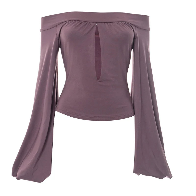 Aiertu  -  Off-Shoulder Slim Sexy T-shirt Tops Hollow Out Long Sleeve Patchwork Solid Fashion Elegant New Fema T-shirt Tops 2025 Aiertu