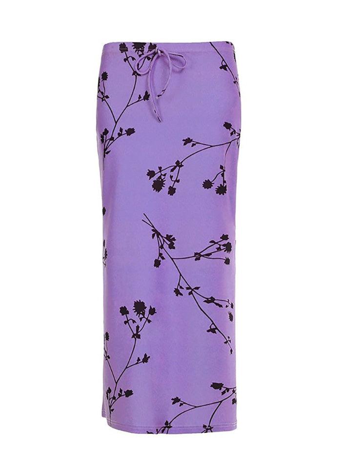 Aiertu  -Floral Print Bow Tie Slit Midi Skirt aiertu