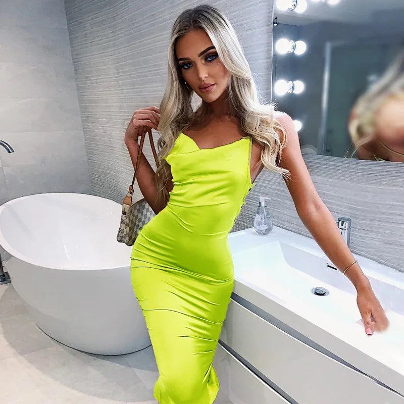 Aiertu Satin Lace Up Women's Long Midi Dress Light Pink Bodycon Backless Elegant Party Sexy Club Clothes Summer Dinner Outfit Aiertu