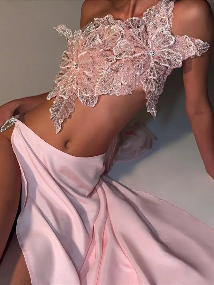 Aiertu  -  Floral Sequin Top Vest Split Half Skirt Two Piece Set Lace Up Backless Slanted Shoulder Women Sexy Blouse Solid Color Skirts Aiertu