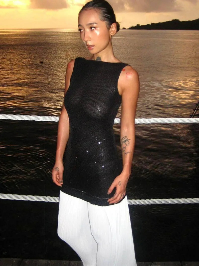 Aiertu  -  2026 Autumn New in Backless Sequins Patchwork Long Party Dress Women's Sexy O-neck Sleeveless Bodycon Tank Dresses Streetwear Aiertu