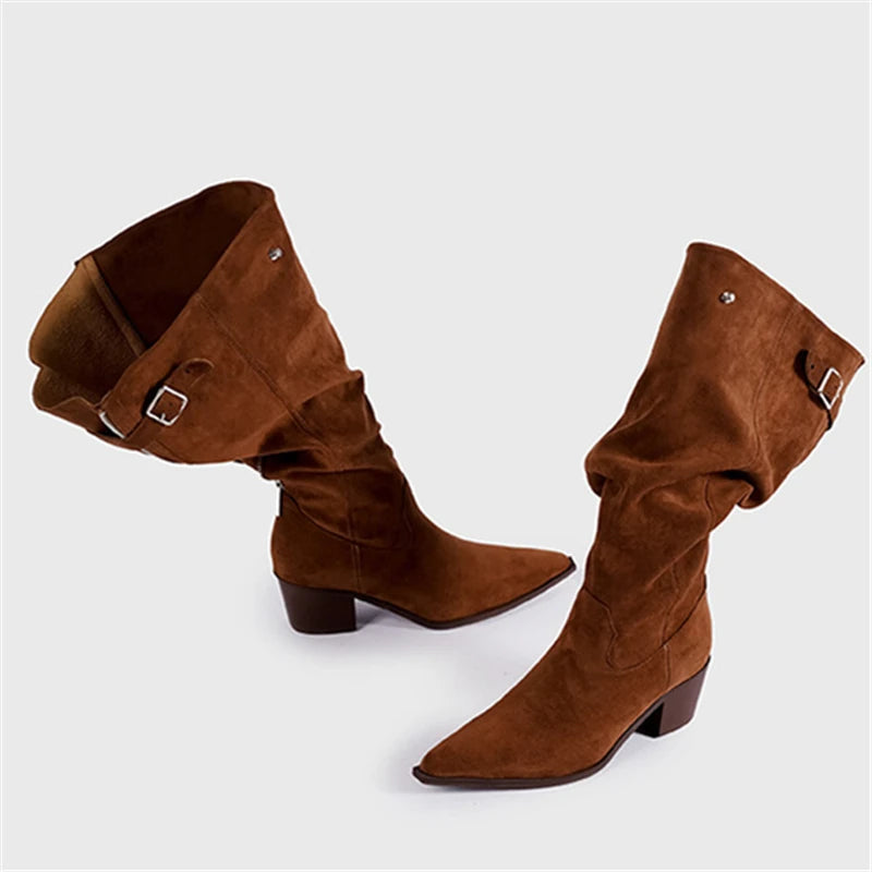 Aiertu  -  Designer Pointed Toe Western Cowboy Boots Women Chunky Heel Retro Belt Buckle Knight Boots Fashion Mujer Luxury Long Botas New Aiertu