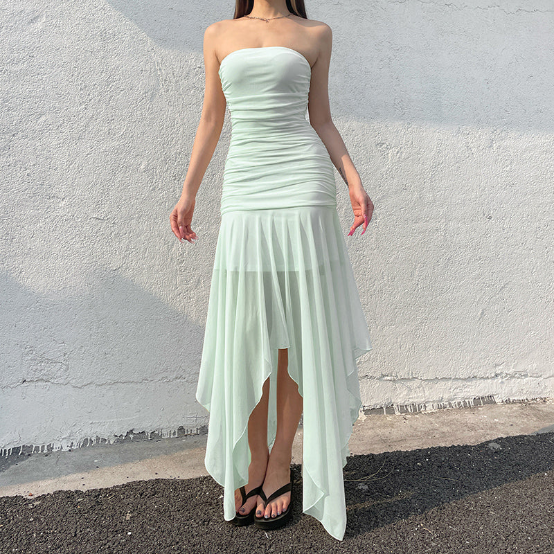 Aiertu  -   Asymmetric Mesh Patchwork Tube Dress Yellow Green Color Strapless A-line Long Dresses for Party Holiday Elegant Robe Aiertu