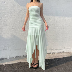 Aiertu  -   Asymmetric Mesh Patchwork Tube Dress Yellow Green Color Strapless A-line Long Dresses for Party Holiday Elegant Robe Aiertu