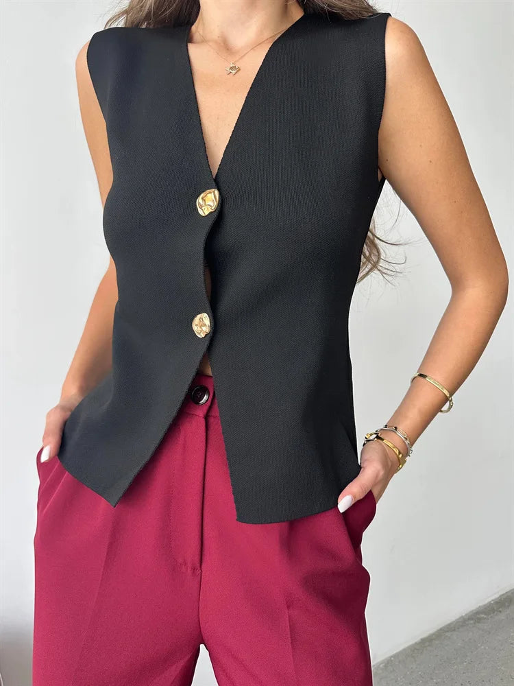 Aiertu  -  V Neck Button Knit Vest For Women 2025 Sleeveless Casual Street Solid Cardigan Tank Top Femme Vintage Basic Vest Female Aiertu