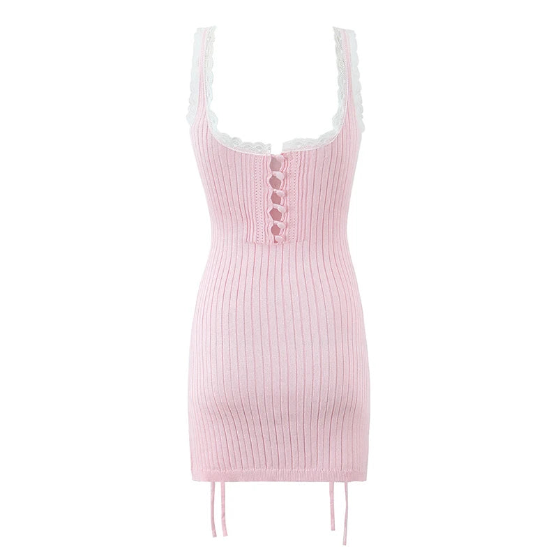 Aiertu  -  High Street Women Lace Trim  Knit Sling Sexy Dress O Neck Sleeveless Hem Slit Bodycon Mini Dresses Holiday Summer Robe Pink Aiertu