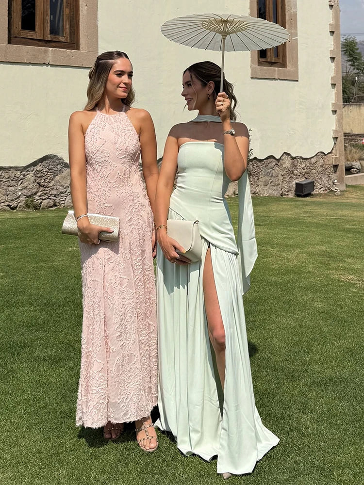 Aiertu  -  Elegant Off Shoulder Prom Gowns 2026 Pink Jacquard Slim Fit Maxi Dresses For Women Summer Evening Party Robes Sleeveless Halter Aiertu