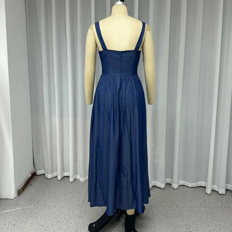 Aiertu  -  Maxi Dress Women's Summer Casual Solid Suspender Sleeveless Nipped Waist Pleated Single Breasted Button Holiday Dresses Aiertu