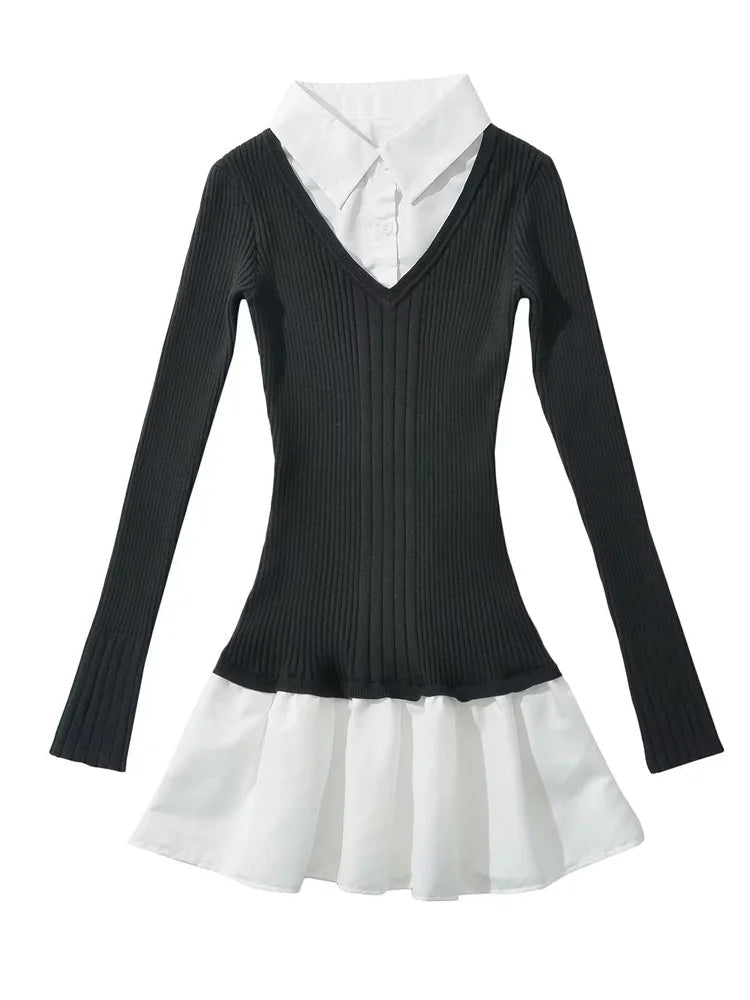 Aiertu  -  Fashion Knit Slim Mini Dress Women Ribbed Lapel 2 Piece-Set Decoration Patchwork Party Dress Knitwear Female Spring Dress Aiertu