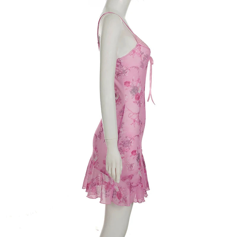 Aiertu  -  Sweety Floral Printed Lace Patchwork Strap Dress Women Summer Holiday With Frill Trim Sundress Y2K Aesthetic Slimming Aiertu