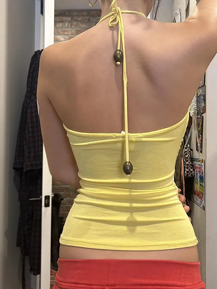 Aiertu  Ruffle Halter Tie Backless Crop Top Aiertu