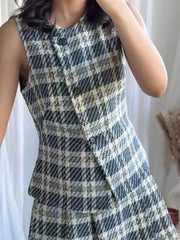 Aiertu  -  Sweet Plaid Sleeveless Mini Dress Set Women Two Piece Set Single Breasted Waist Slim A-line Dresses Casual Chic Female Outfit Aiertu