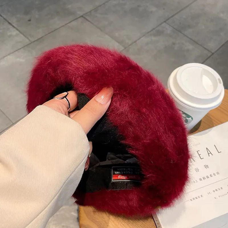 Aiertu  -  Winter Rabbit Fur Soild Color Beret Hats Women For Adjustable Elastic Band Warm Beret Elegant Soft French Artist Beanie Hat Girl Aiertu