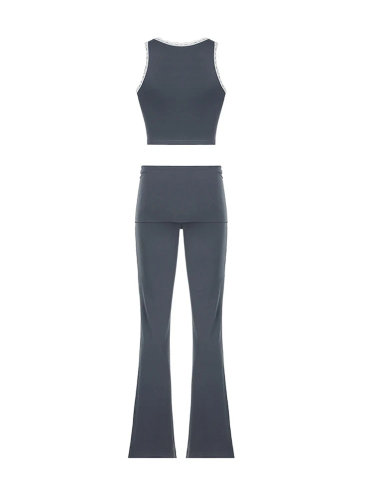Aiertu  Patchwork Lace Trim Y2K Two Piece Sets Womens Sleeveless Square Collar Skinny Crop Top And Solid Flared Pants Tracksuits Aiertu