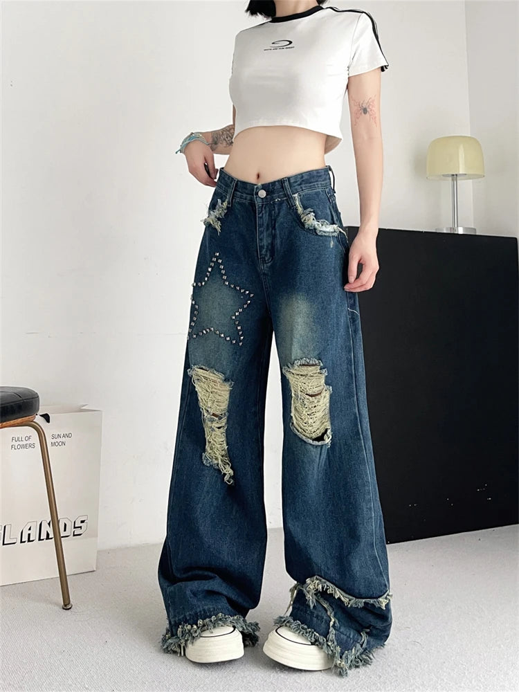 Aiertu  -  Women's Broken Hole Tassel Star Jeans Young Girl Straight Denim Trousers Vintage Street Style Bottoms Female High Waisted Pants Aiertu