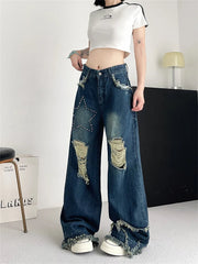 Aiertu  -  Women's Broken Hole Tassel Star Jeans Young Girl Straight Denim Trousers Vintage Street Style Bottoms Female High Waisted Pants Aiertu