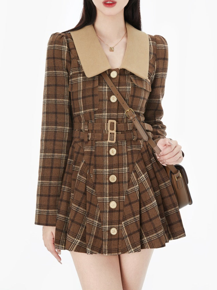 Aiertu  France Vintage Party Mini Dresses Women Korean Style Elegant Pleated Dress Female Warm Sweet Retro Dress Coat Autumn Winter Aiertu