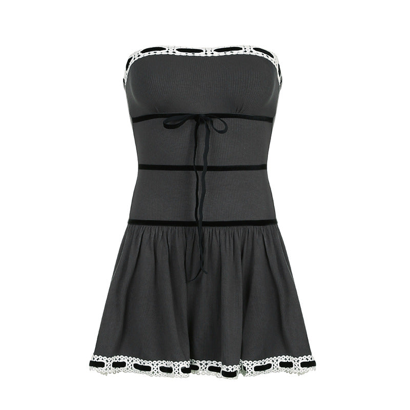 Aiertu - Off Shoulder Ribbon Trim Lace Up Slim Mini Dress Aiertu